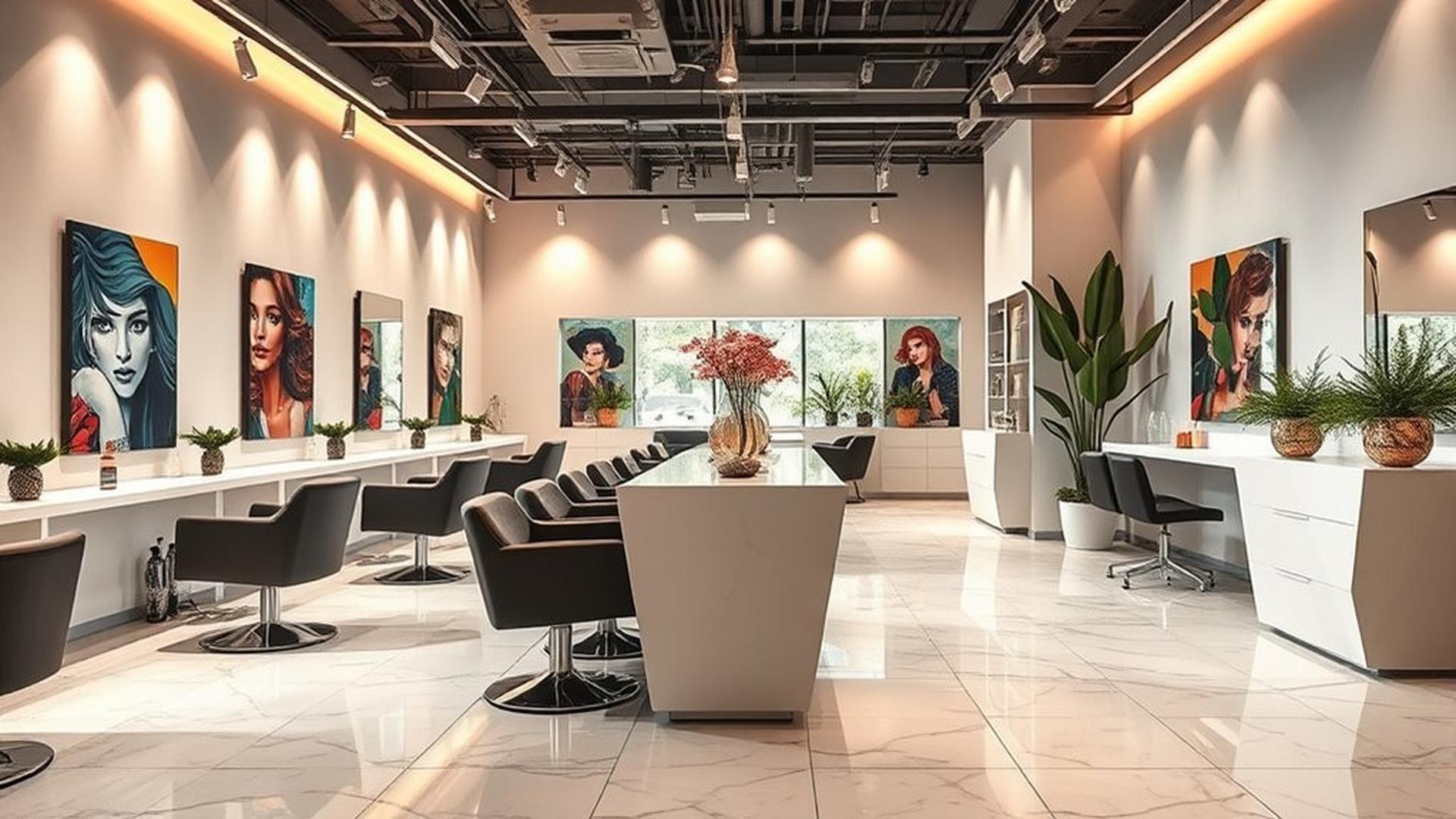 Bright, modern minimalist salon interior with styling stations and mirrors