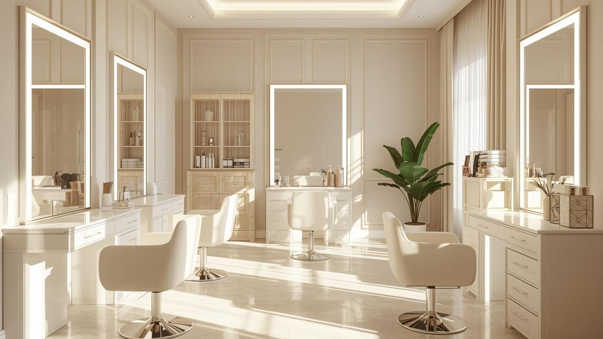 Bright, airy salon interior with natural light and mirrors